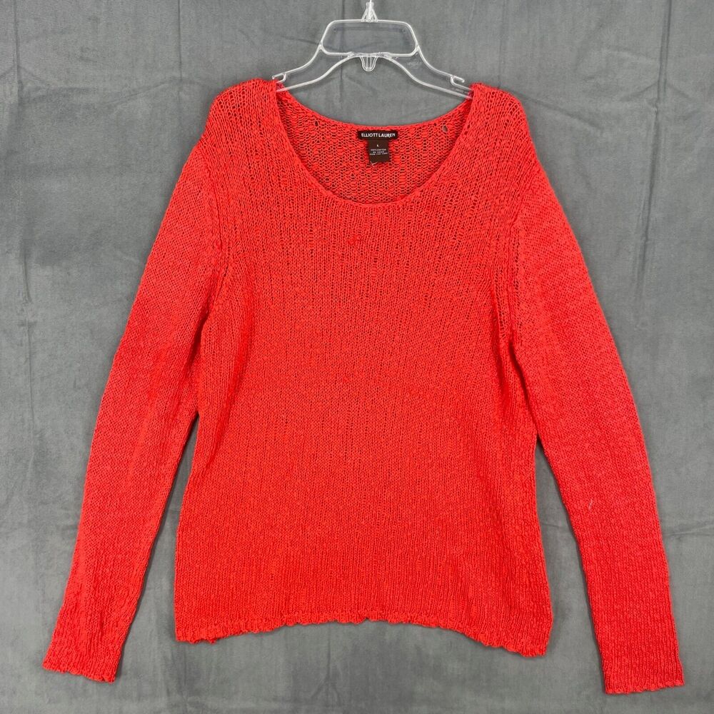 Elliott Lauren Open Knit Top Womens Large Red 100% Cotton Long Sleeve Stretch